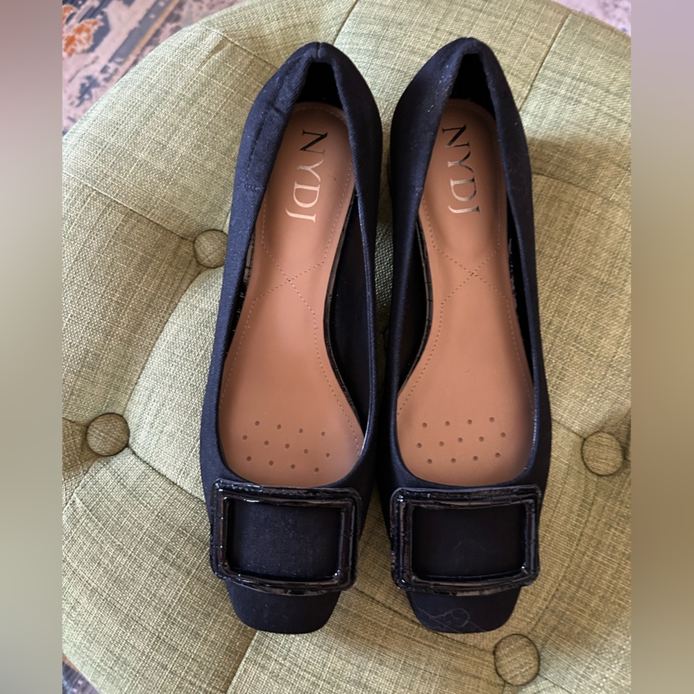 NYDJ Black Square-Toe Flats with Decorative Buckle